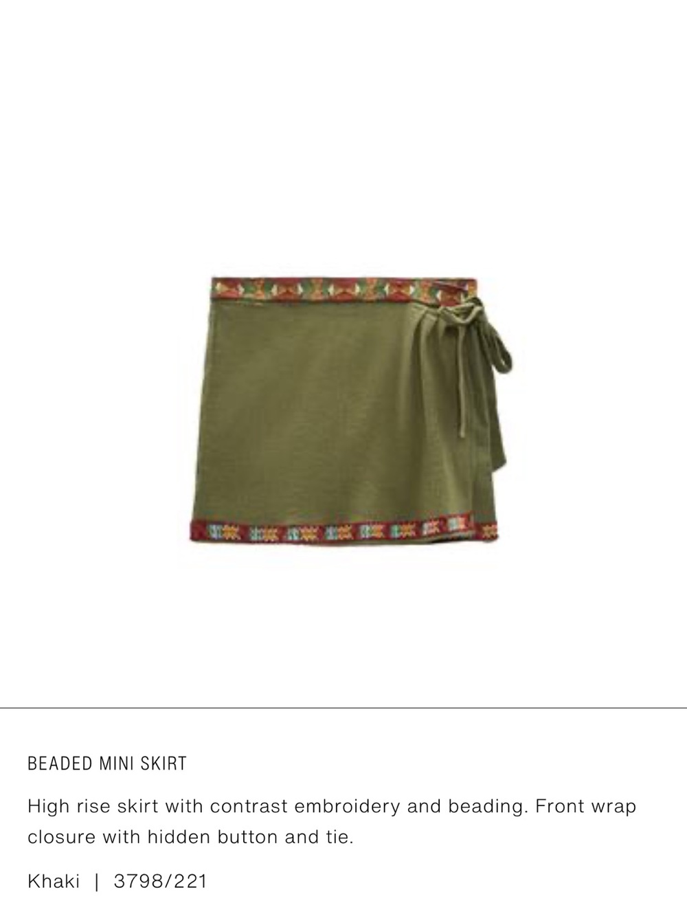 Zara olive green beaded mini skirt worn once size L